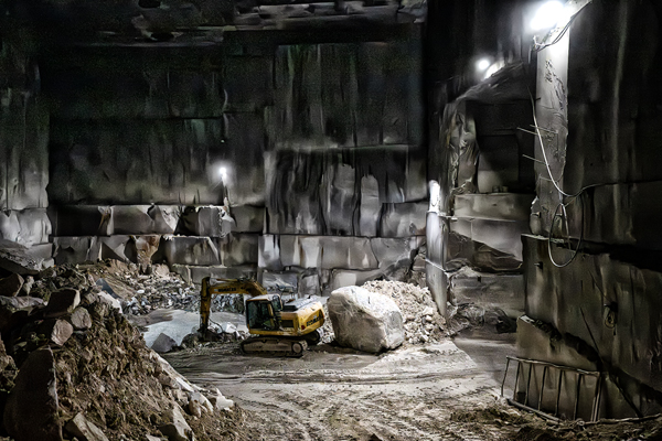 Escavatrice gialla nella cava di marmo dentro la montagna